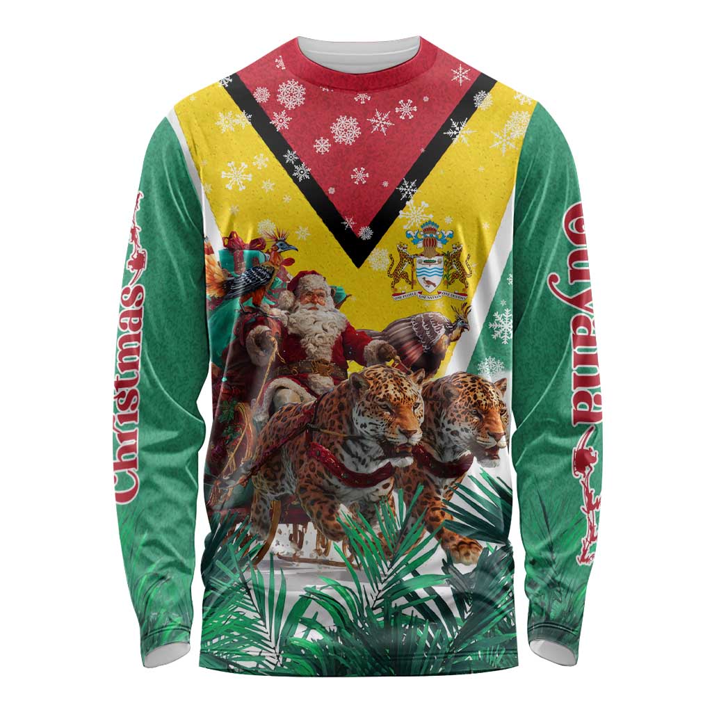 Guyana Flag Long Sleeve Shirt Christmas Santa Jaguar and National Motto Green Yellow - Wonder Print Shop
