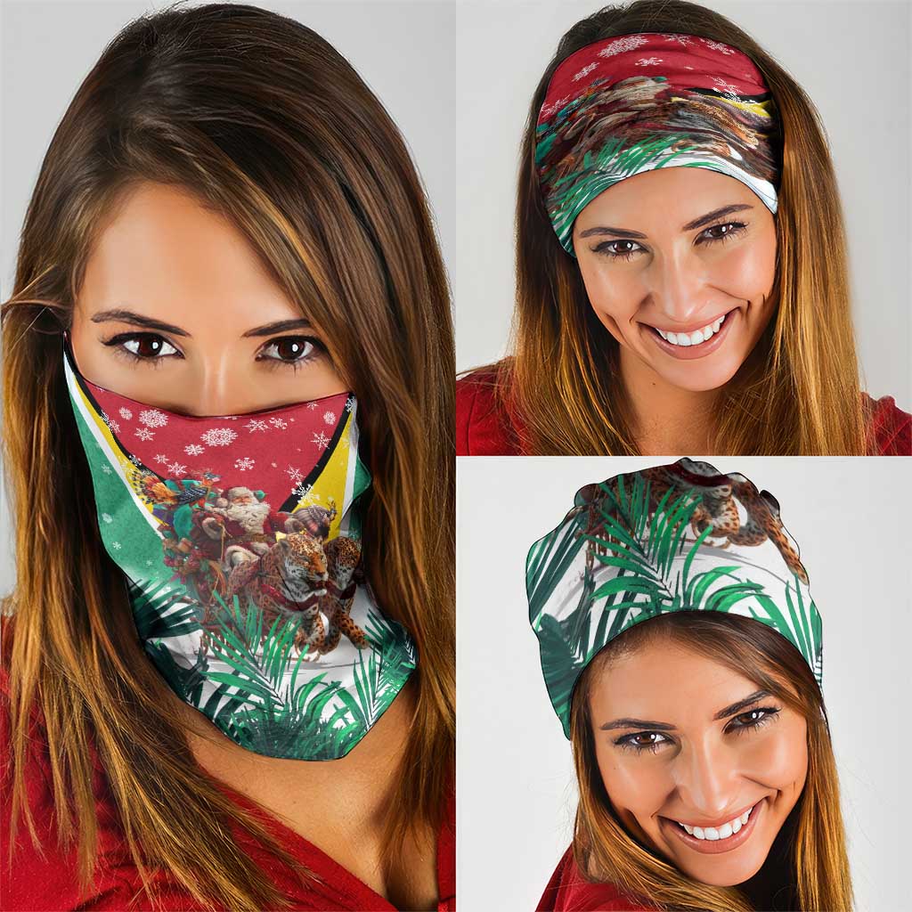 Guyana Flag Neck Gaiter Christmas Santa Jaguar and National Motto Green Yellow - Wonder Print Shop