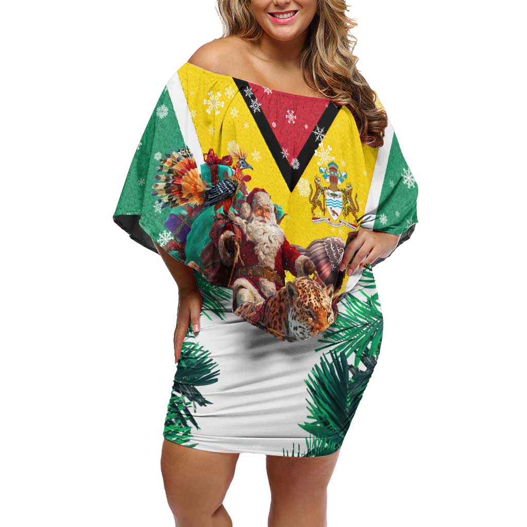 Guyana Flag Off Shoulder Short Dress Christmas Santa Jaguar and National Motto Green Yellow - Wonder Print Shop