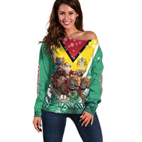 Guyana Flag Off Shoulder Sweater Christmas Santa Jaguar and National Motto Green Yellow - Wonder Print Shop