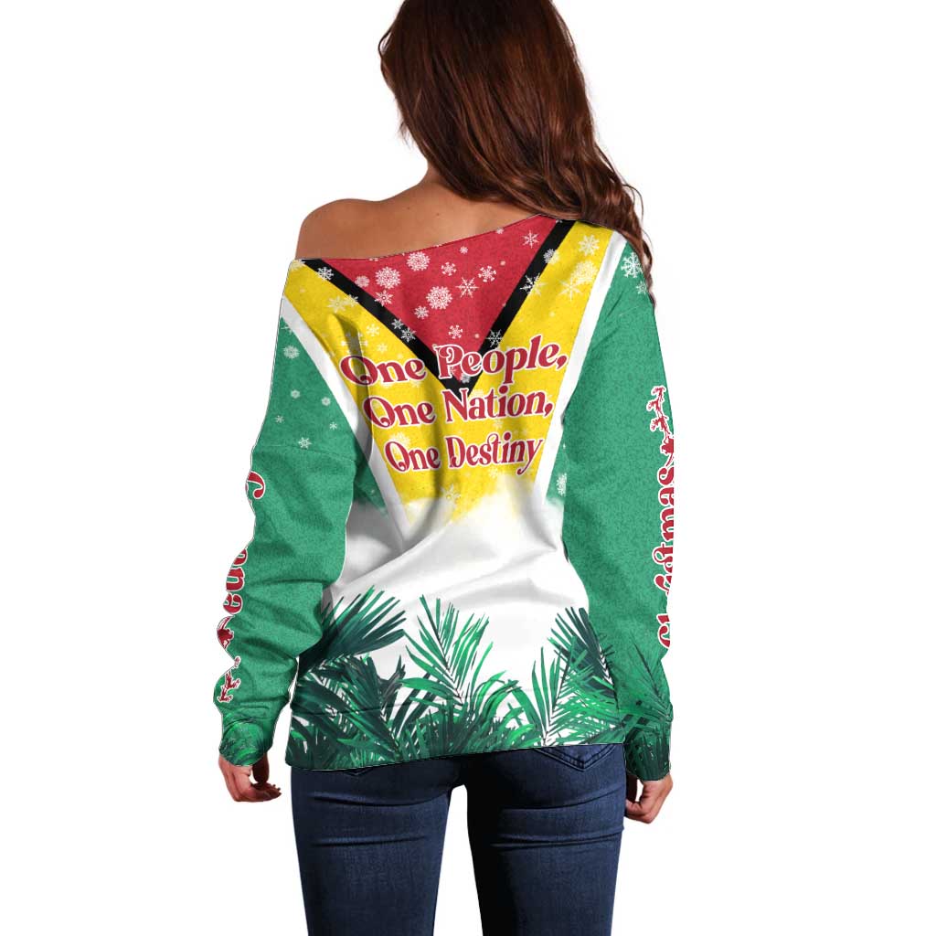 Guyana Flag Off Shoulder Sweater Christmas Santa Jaguar and National Motto Green Yellow - Wonder Print Shop