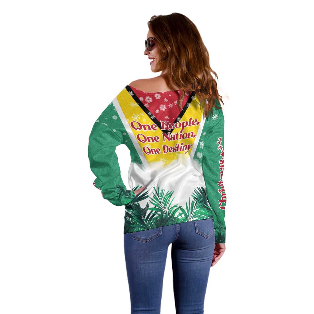 Guyana Flag Off Shoulder Sweater Christmas Santa Jaguar and National Motto Green Yellow - Wonder Print Shop