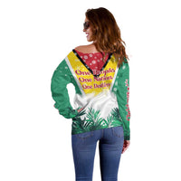 Guyana Flag Off Shoulder Sweater Christmas Santa Jaguar and National Motto Green Yellow - Wonder Print Shop