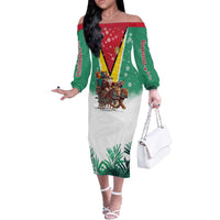 Guyana Flag Off The Shoulder Long Sleeve Dress Christmas Santa Jaguar and National Motto Green Yellow - Wonder Print Shop