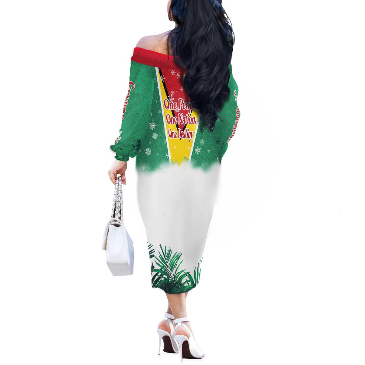 Guyana Flag Off The Shoulder Long Sleeve Dress Christmas Santa Jaguar and National Motto Green Yellow - Wonder Print Shop