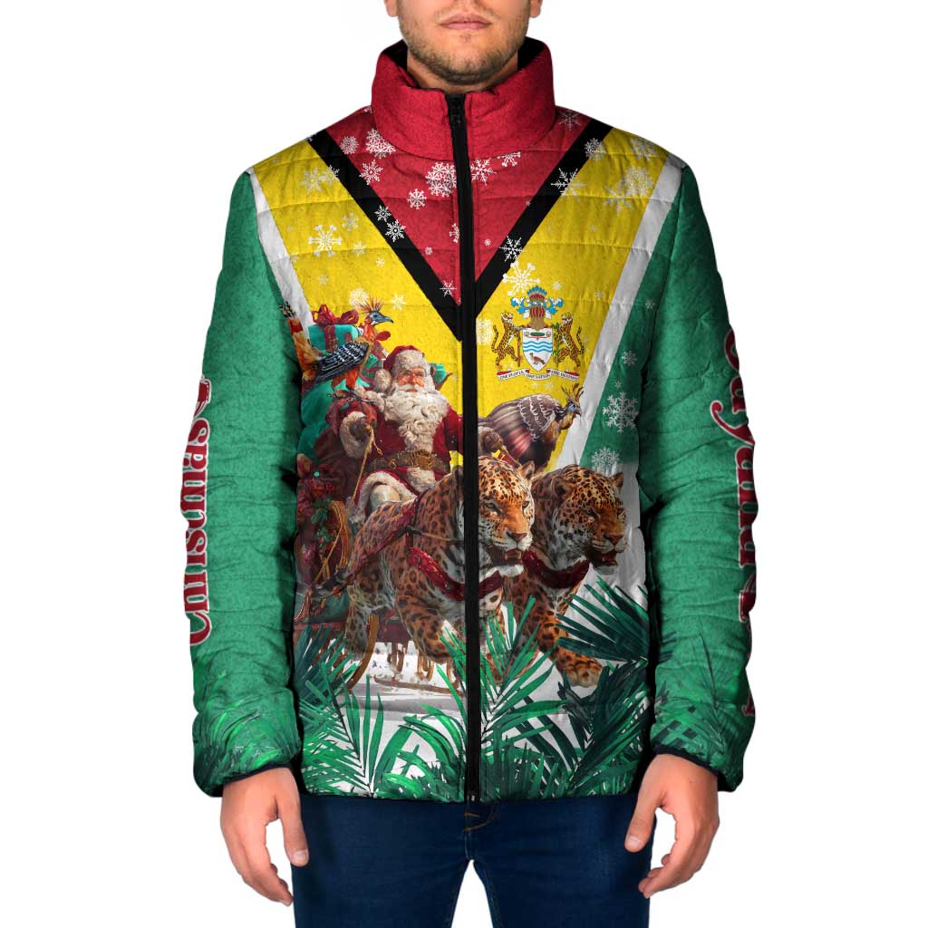Guyana Flag Padded Jacket Christmas Santa Jaguar and National Motto Green Yellow - Wonder Print Shop