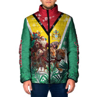 Guyana Flag Padded Jacket Christmas Santa Jaguar and National Motto Green Yellow - Wonder Print Shop