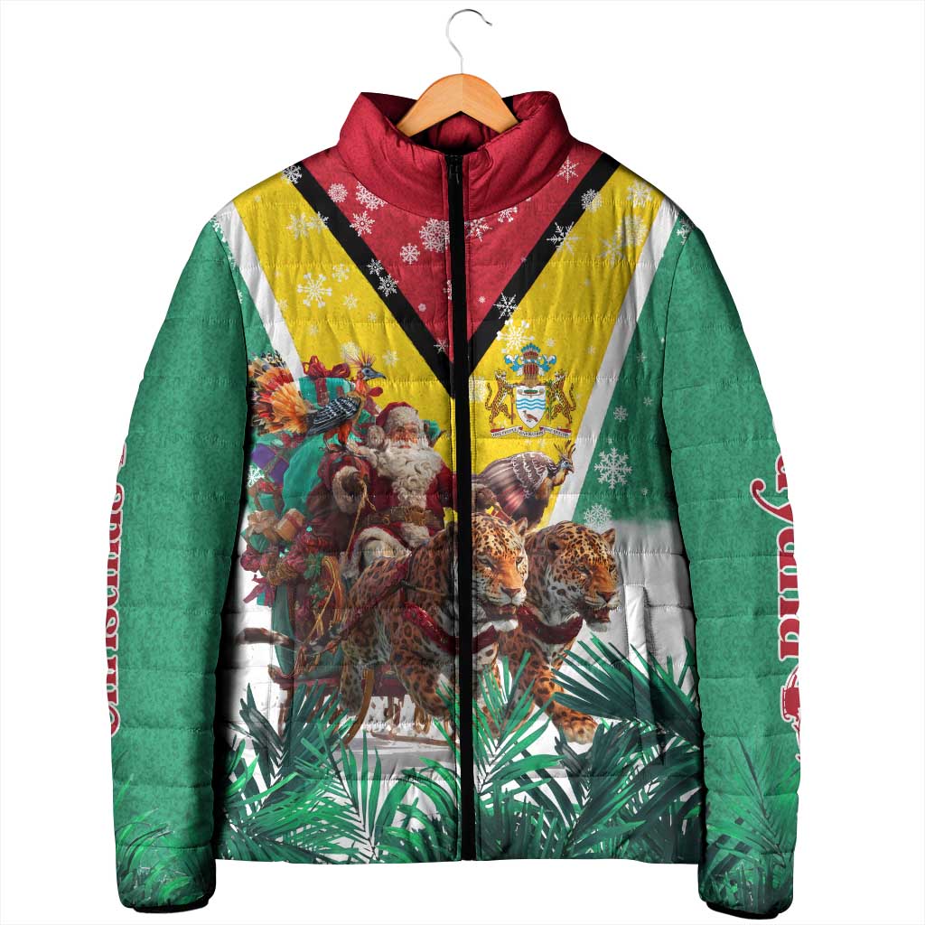 Guyana Flag Padded Jacket Christmas Santa Jaguar and National Motto Green Yellow - Wonder Print Shop