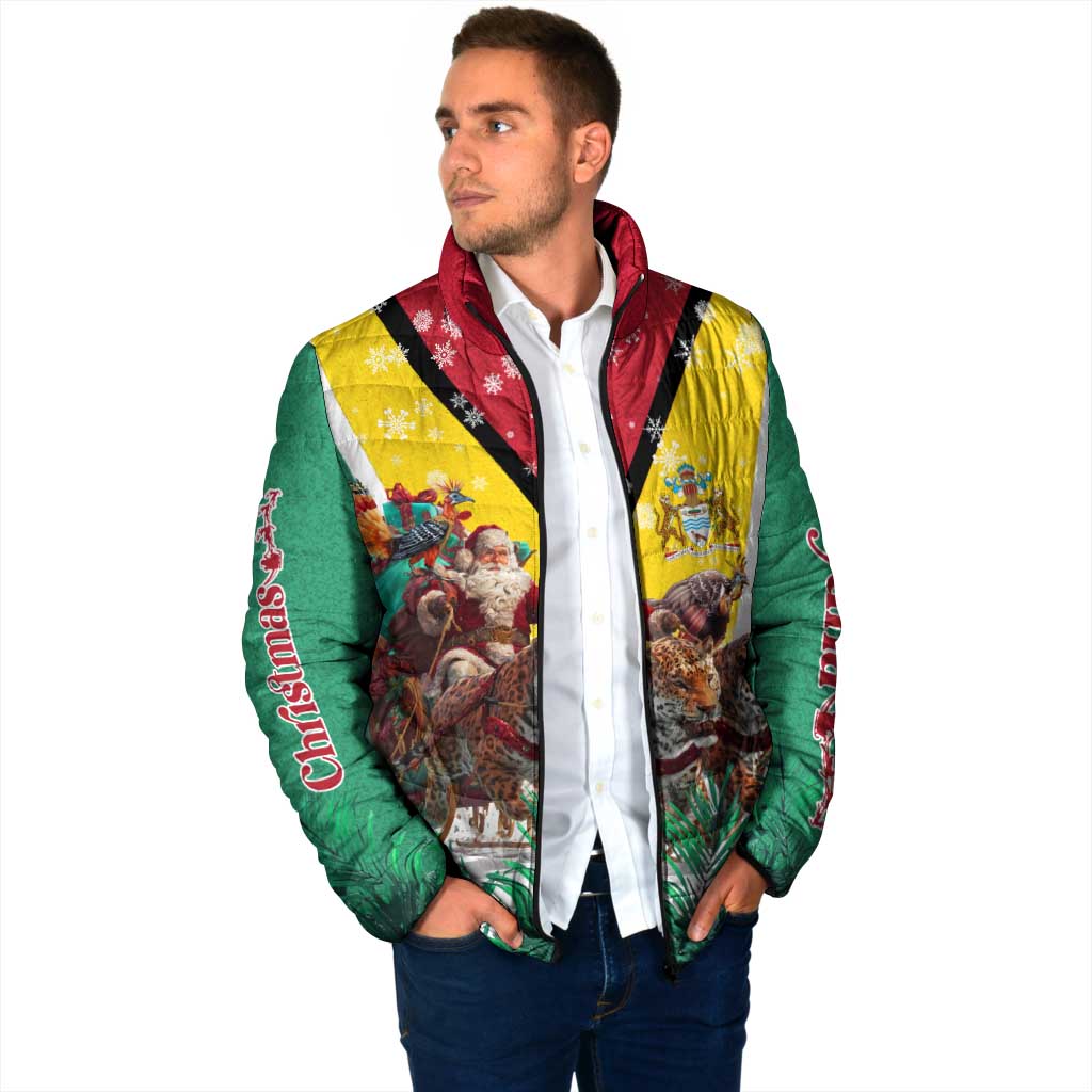 Guyana Flag Padded Jacket Christmas Santa Jaguar and National Motto Green Yellow - Wonder Print Shop