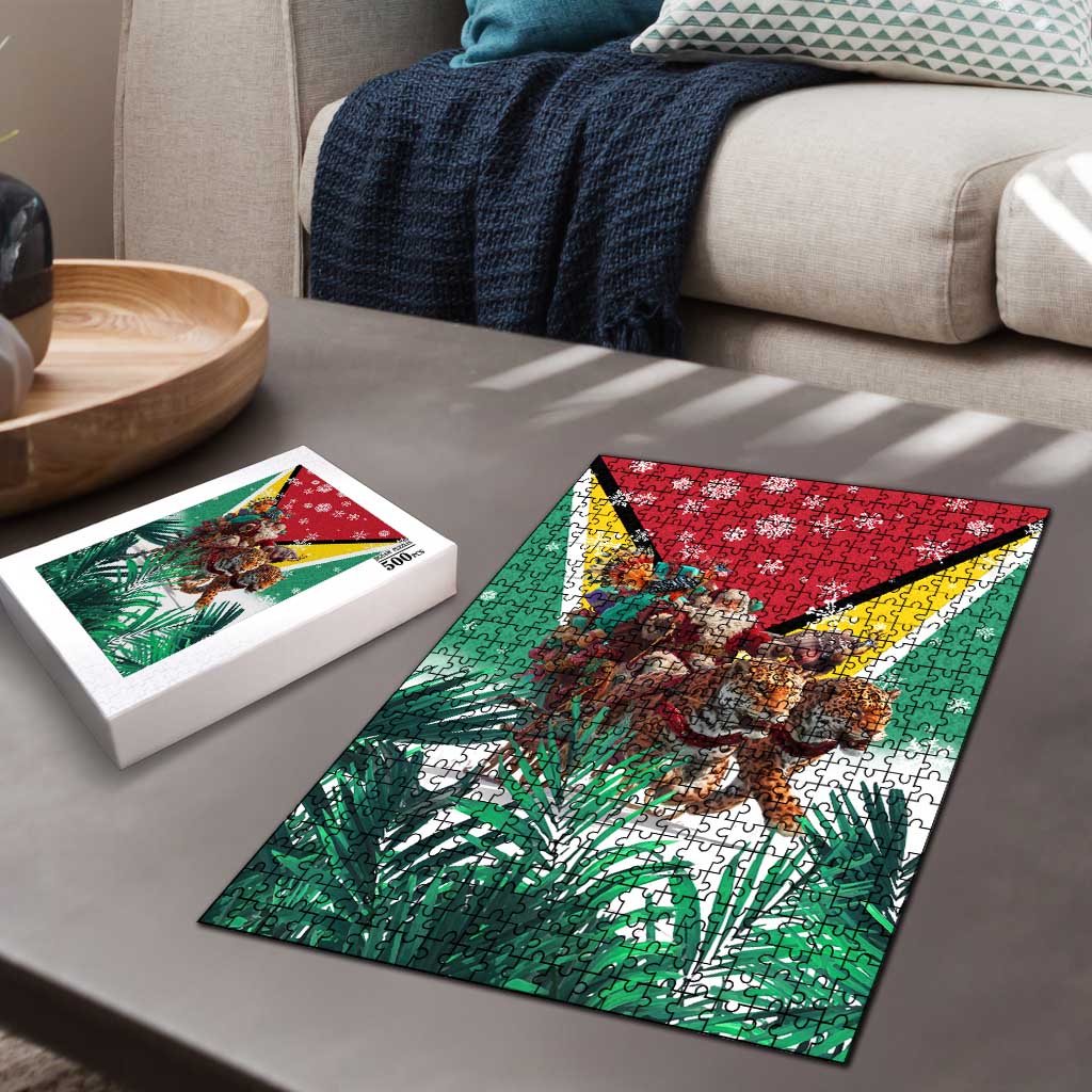 Guyana Flag Puzzle Christmas Santa Jaguar and National Motto Green Yellow - Wonder Print Shop