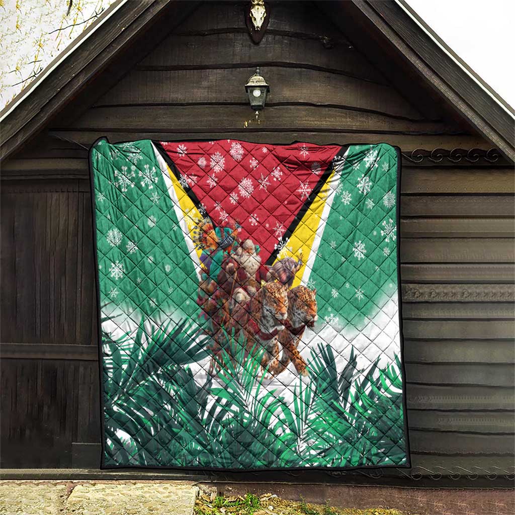 Guyana Flag Quilt Christmas Santa Jaguar and National Motto Green Yellow - Wonder Print Shop