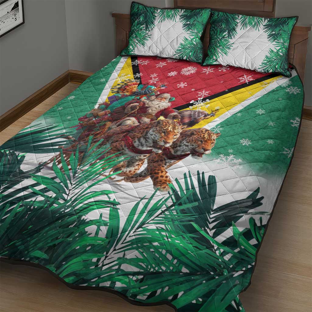 Guyana Flag Quilt Bed Set Christmas Santa Jaguar and National Motto Green Yellow - Wonder Print Shop
