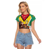 Guyana Flag Raglan Cropped T Shirt Christmas Santa Jaguar and National Motto Green Yellow - Wonder Print Shop