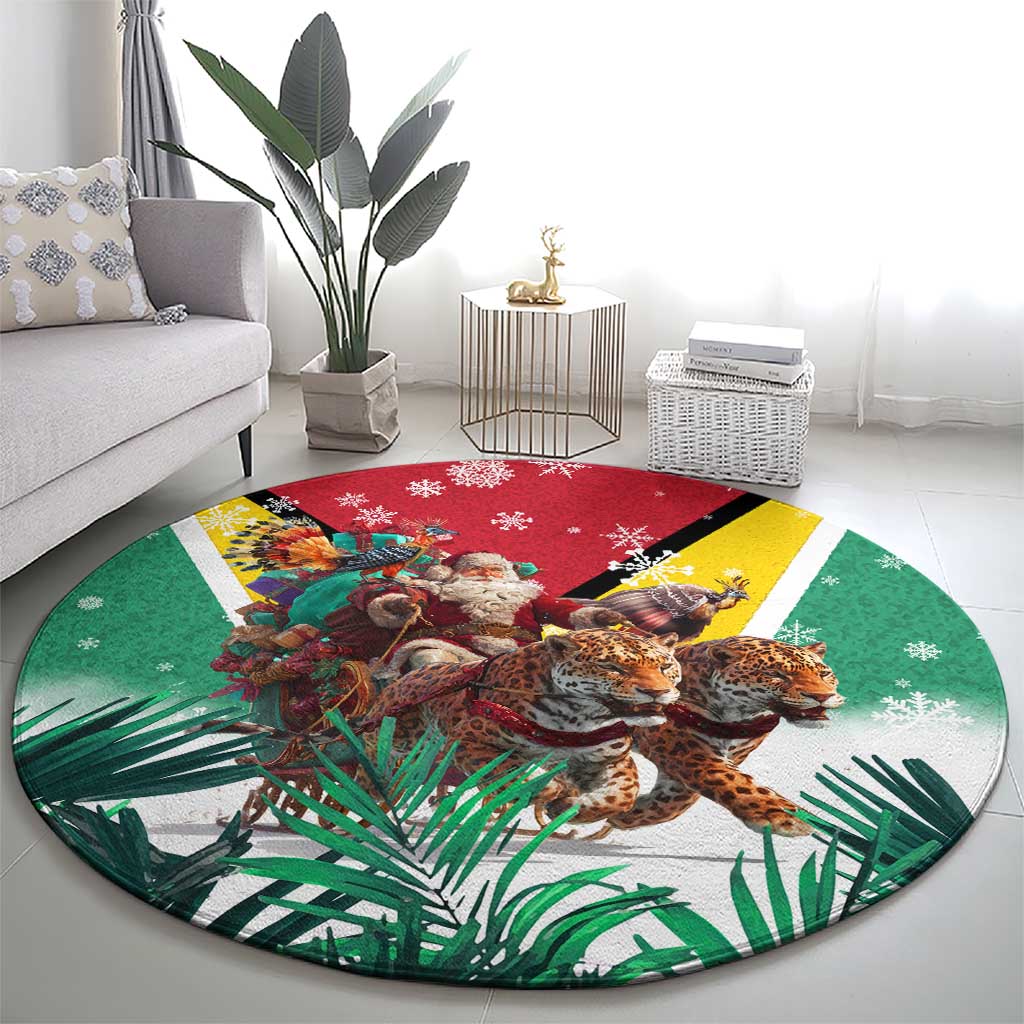 Guyana Flag Round Carpet Christmas Santa Jaguar and National Motto Green Yellow - Wonder Print Shop