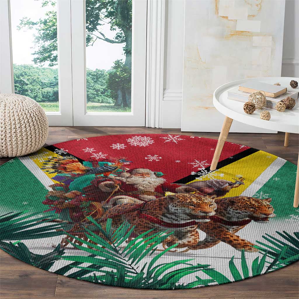 Guyana Flag Round Carpet Christmas Santa Jaguar and National Motto Green Yellow - Wonder Print Shop