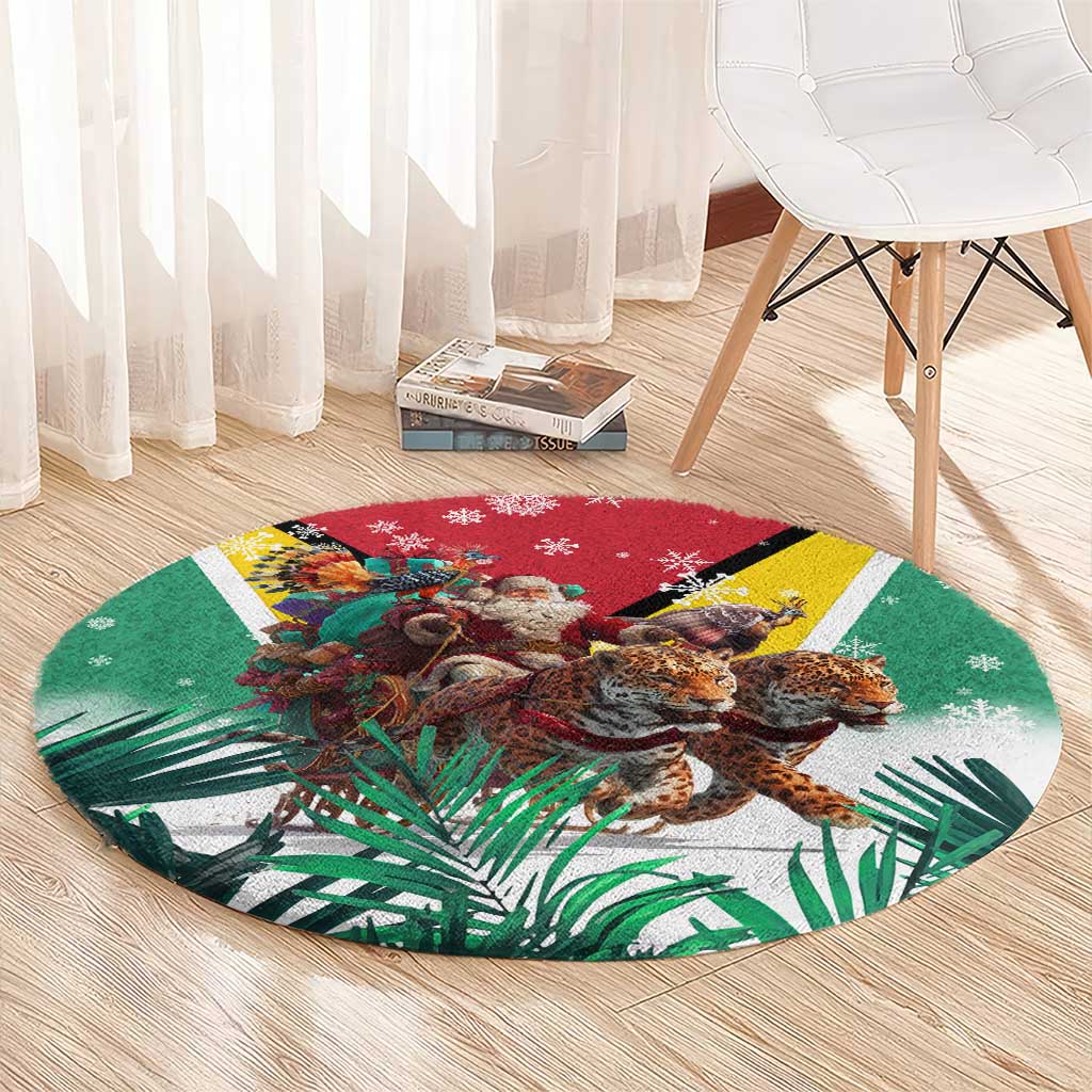 Guyana Flag Round Carpet Christmas Santa Jaguar and National Motto Green Yellow - Wonder Print Shop