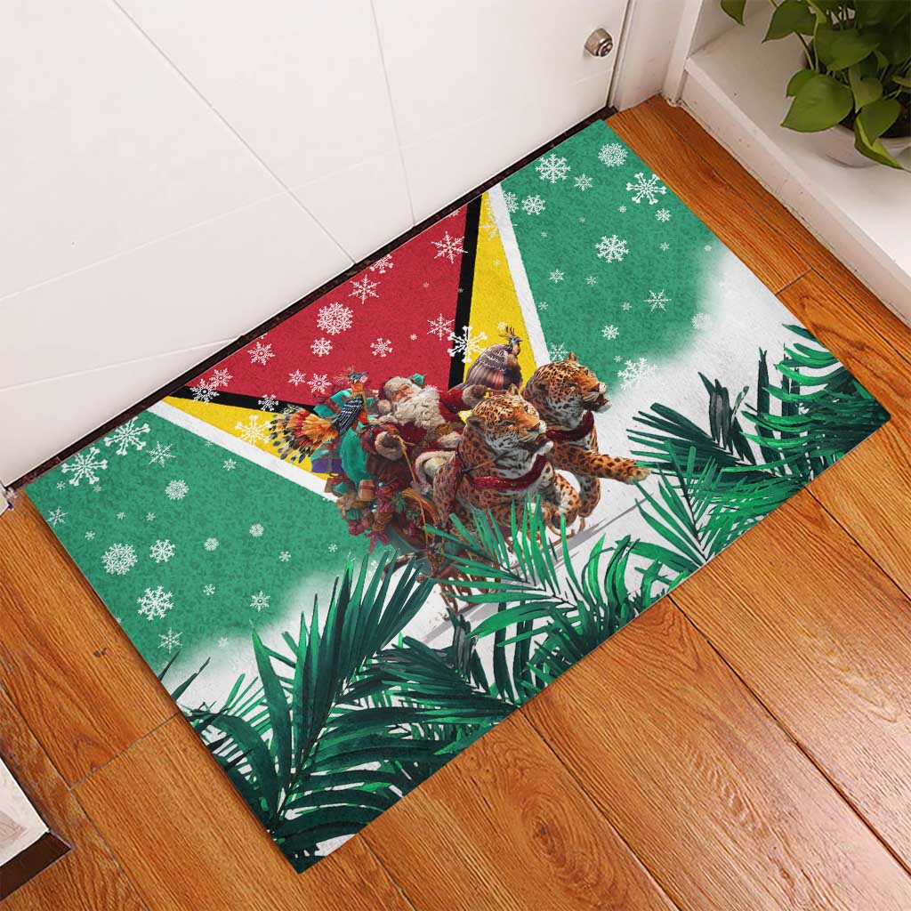 Guyana Flag Rubber Doormat Christmas Santa Jaguar and National Motto Green Yellow - Wonder Print Shop