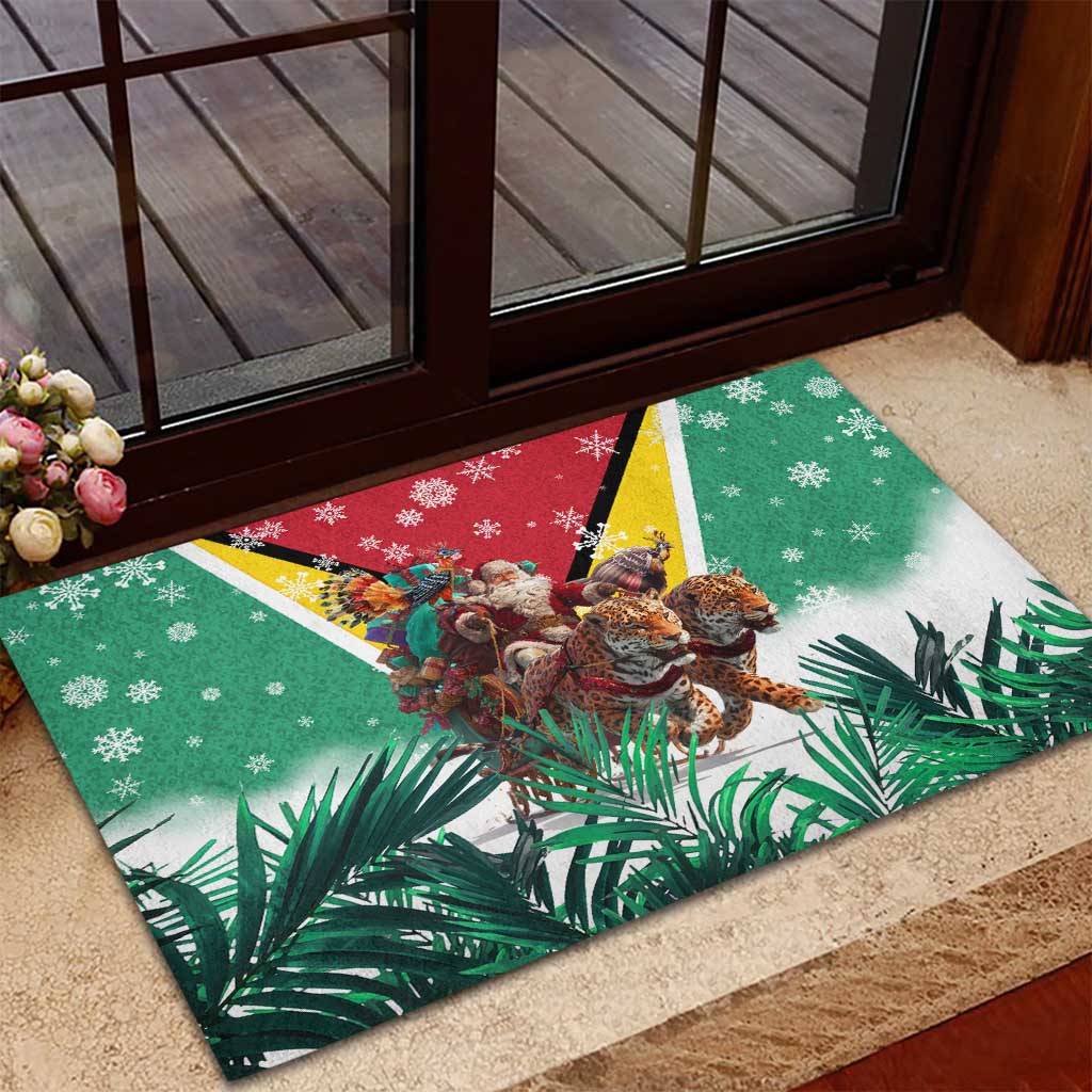 Guyana Flag Rubber Doormat Christmas Santa Jaguar and National Motto Green Yellow - Wonder Print Shop