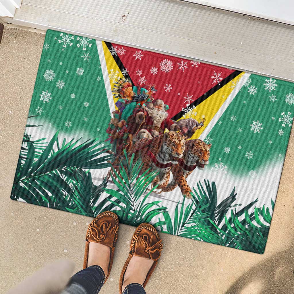 Guyana Flag Rubber Doormat Christmas Santa Jaguar and National Motto Green Yellow - Wonder Print Shop