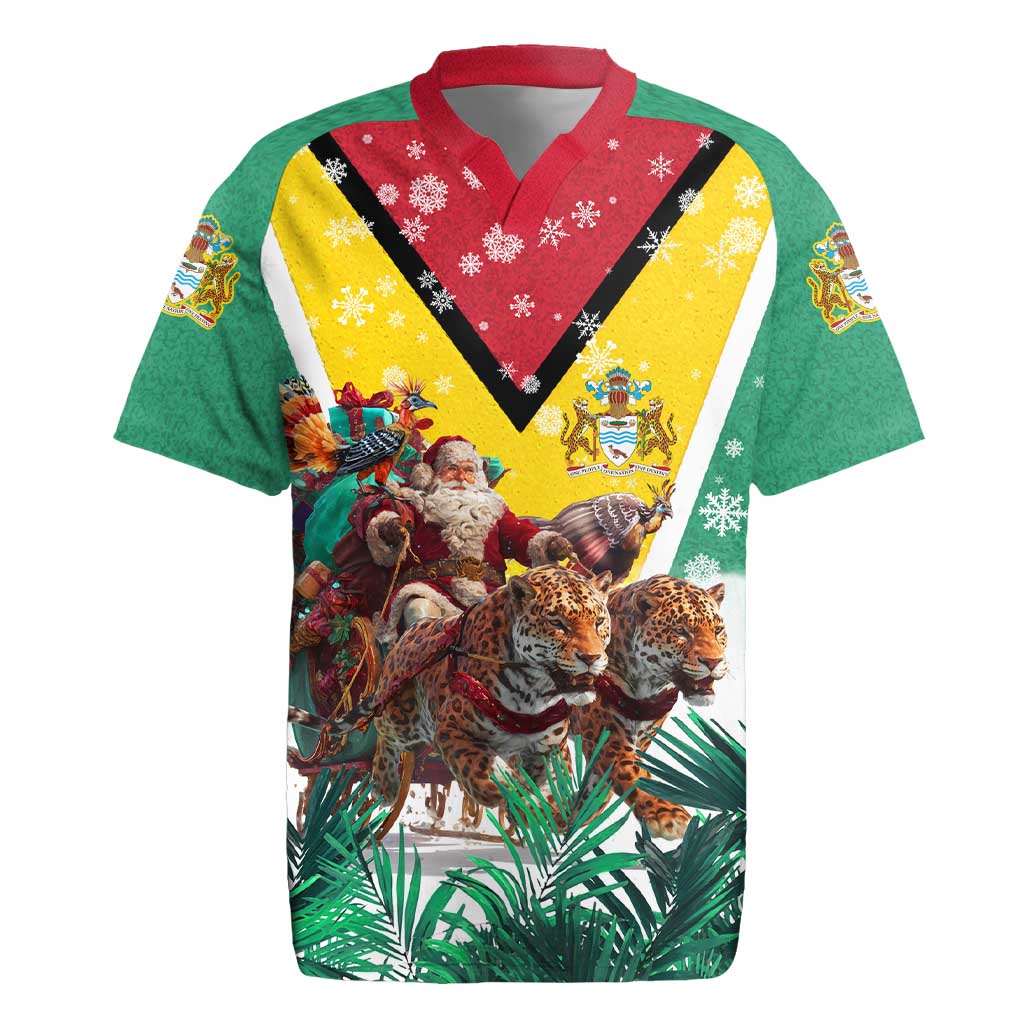Guyana Flag Rugby Jersey Christmas Santa Jaguar and National Motto Green Yellow - Wonder Print Shop