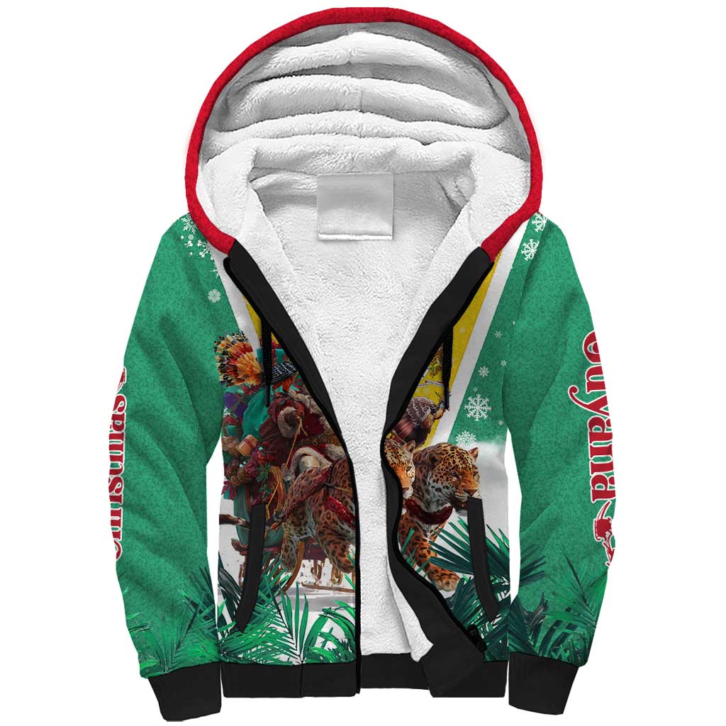 Guyana Flag Sherpa Hoodie Christmas Santa Jaguar and National Motto Green Yellow - Wonder Print Shop