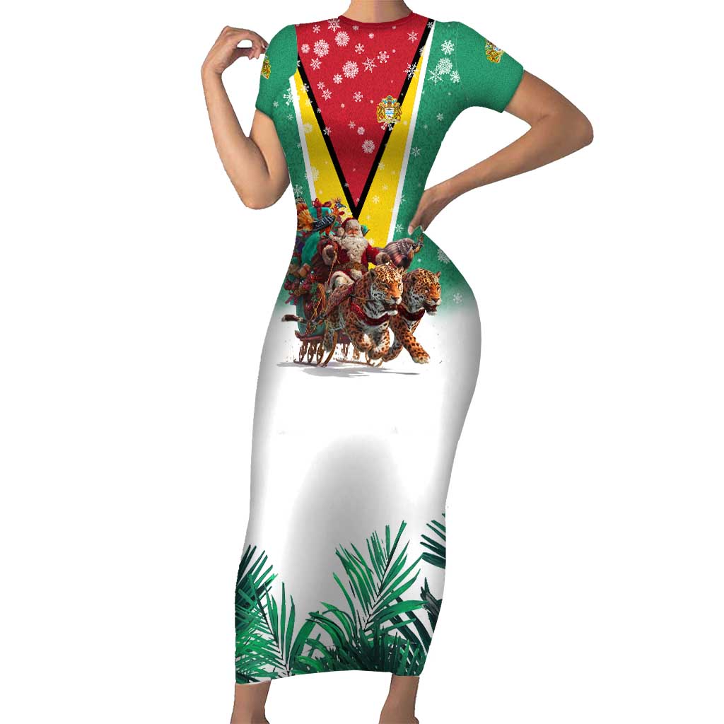 Guyana Flag Short Sleeve Bodycon Dress Christmas Santa Jaguar and National Motto Green Yellow - Wonder Print Shop