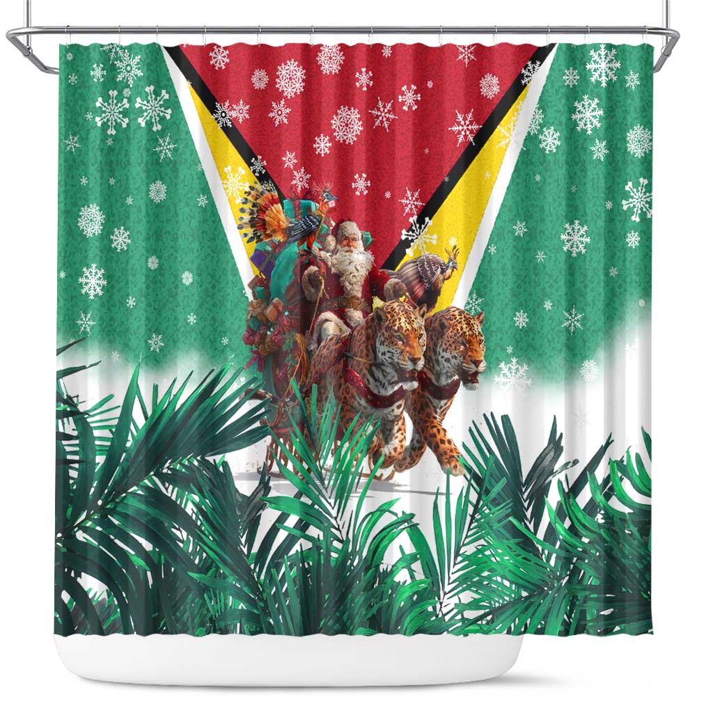 Guyana Flag Shower Curtain Christmas Santa Jaguar and National Motto Green Yellow - Wonder Print Shop