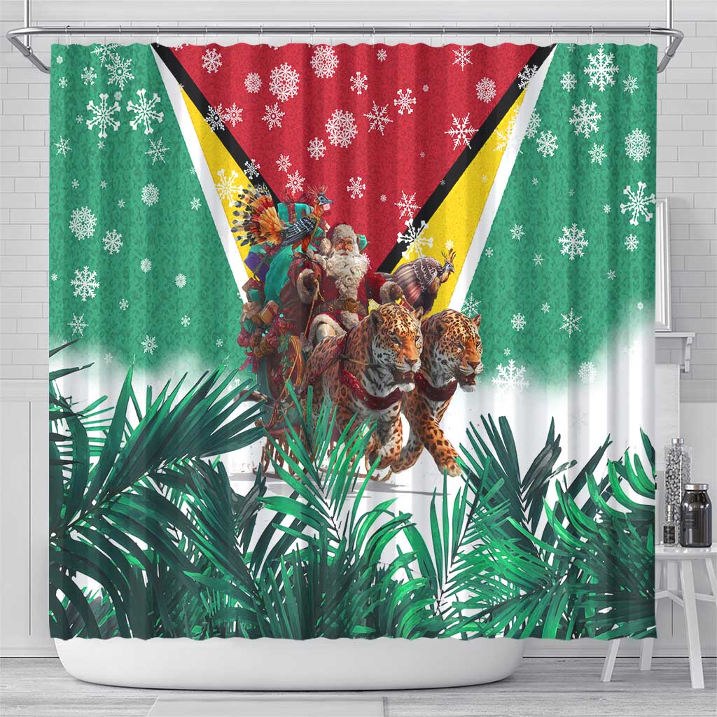 Guyana Flag Shower Curtain Christmas Santa Jaguar and National Motto Green Yellow - Wonder Print Shop