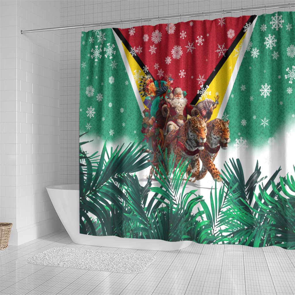 Guyana Flag Shower Curtain Christmas Santa Jaguar and National Motto Green Yellow - Wonder Print Shop