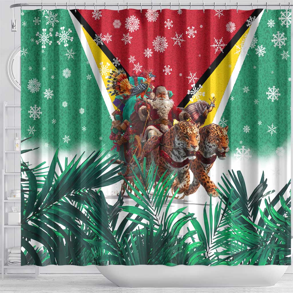 Guyana Flag Shower Curtain Christmas Santa Jaguar and National Motto Green Yellow - Wonder Print Shop