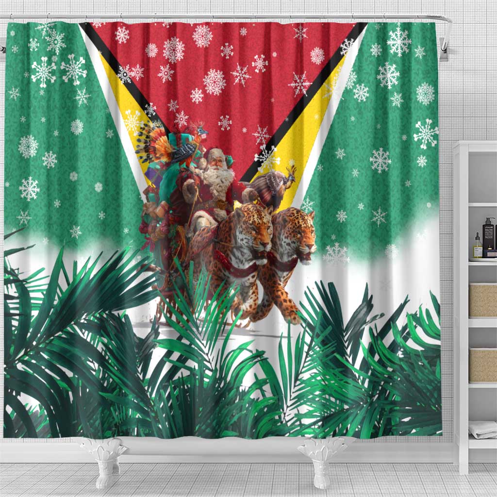 Guyana Flag Shower Curtain Christmas Santa Jaguar and National Motto Green Yellow - Wonder Print Shop