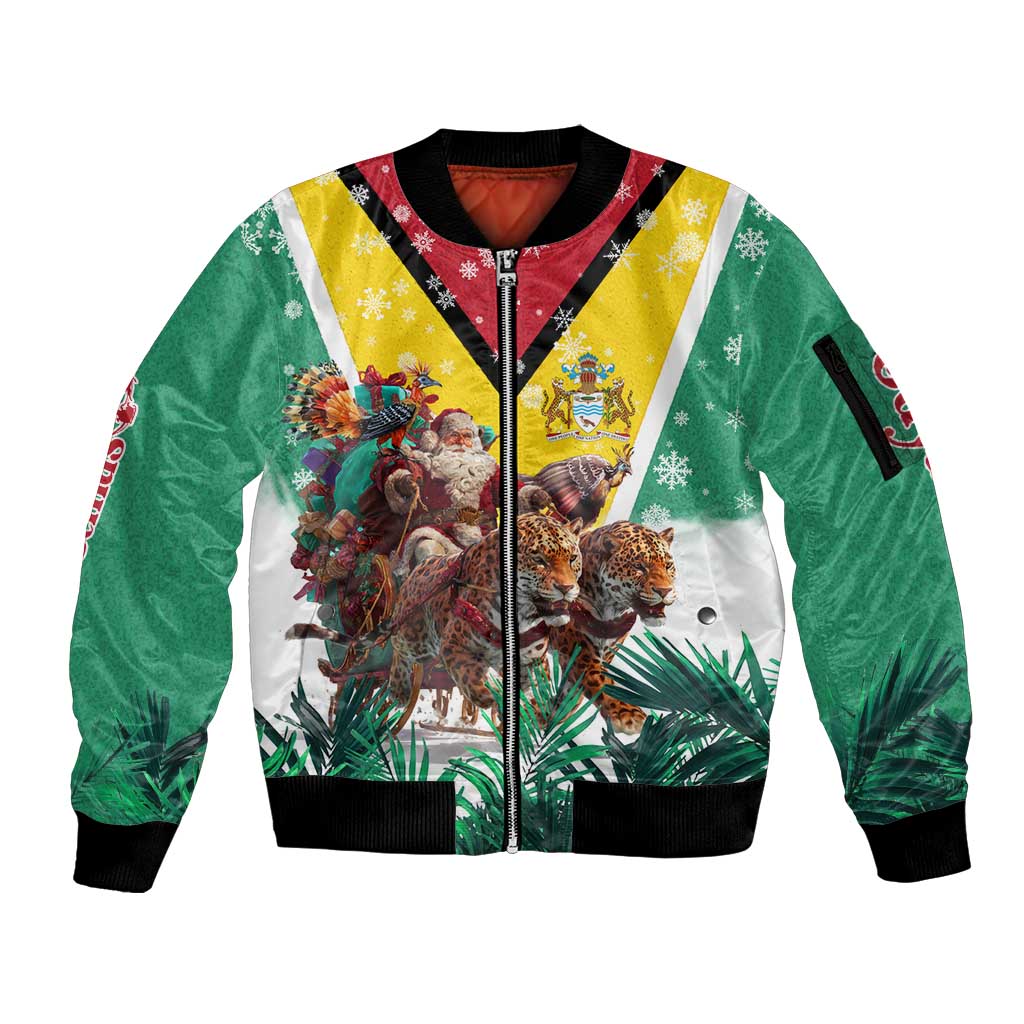 Guyana Flag Sleeve Zip Bomber Jacket Christmas Santa Jaguar and National Motto Green Yellow - Wonder Print Shop