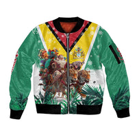 Guyana Flag Sleeve Zip Bomber Jacket Christmas Santa Jaguar and National Motto Green Yellow - Wonder Print Shop
