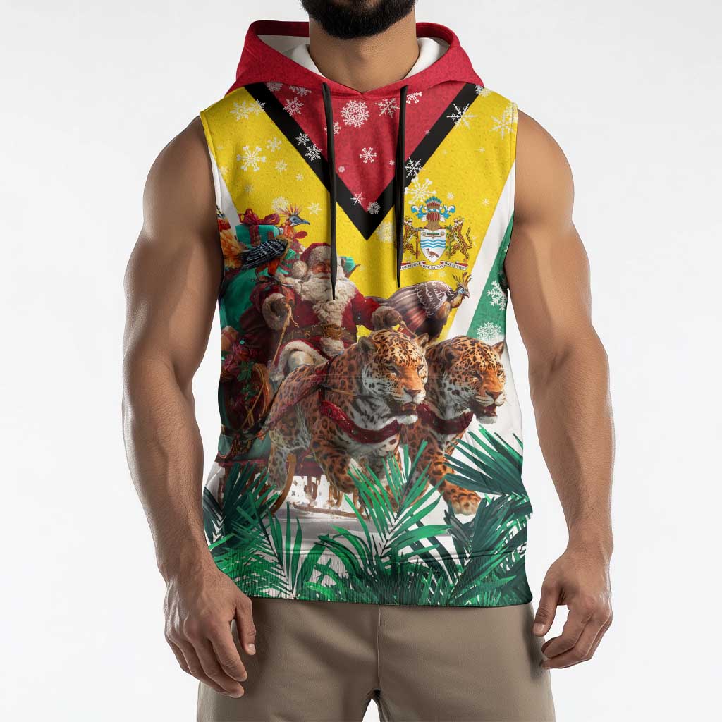 Guyana Flag Sleeveless Hoodie Christmas Santa Jaguar and National Motto Green Yellow - Wonder Print Shop