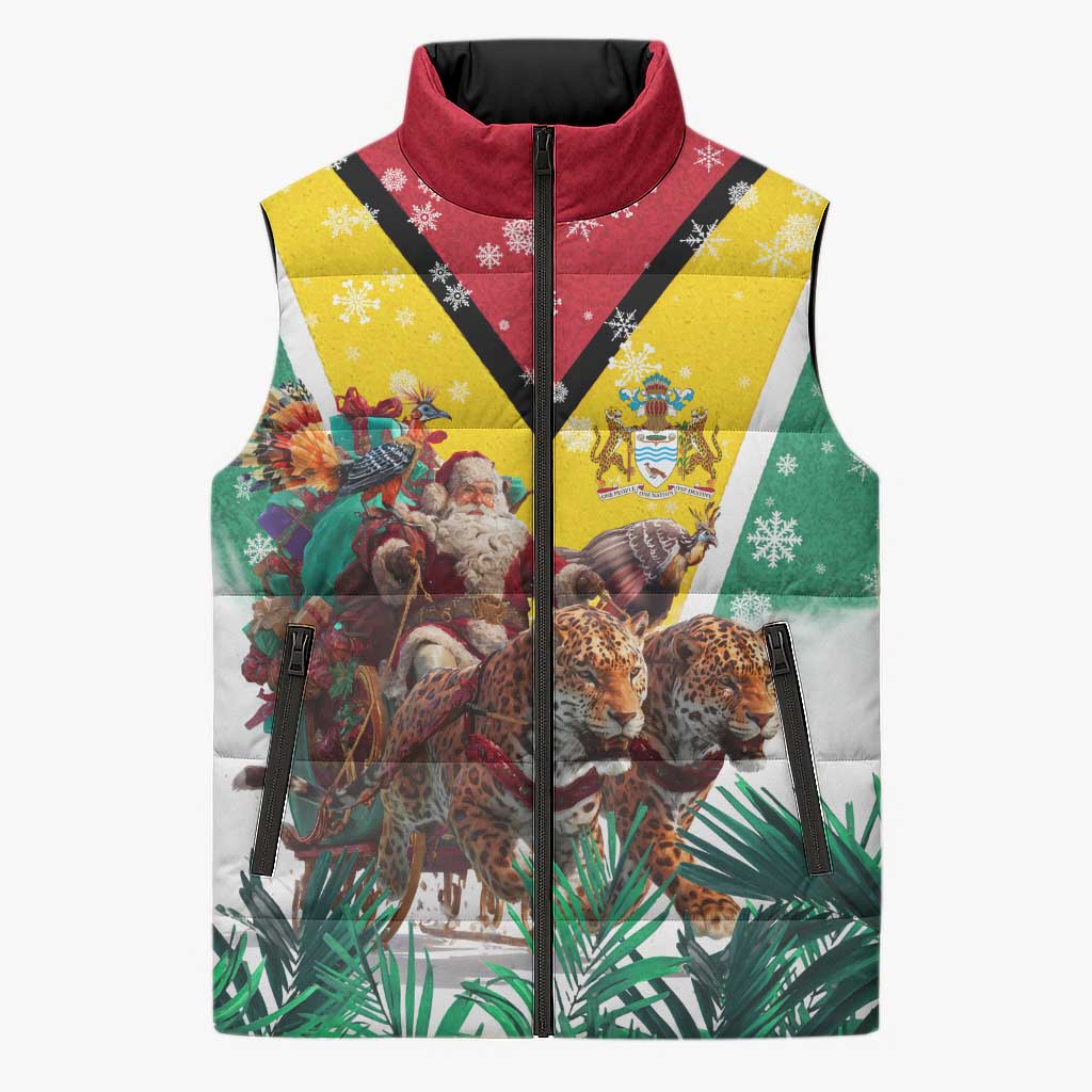 Guyana Flag Sleeveless Puffer Jacket Christmas Santa Jaguar and National Motto Green Yellow - Wonder Print Shop