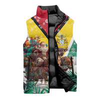 Guyana Flag Sleeveless Puffer Jacket Christmas Santa Jaguar and National Motto Green Yellow - Wonder Print Shop