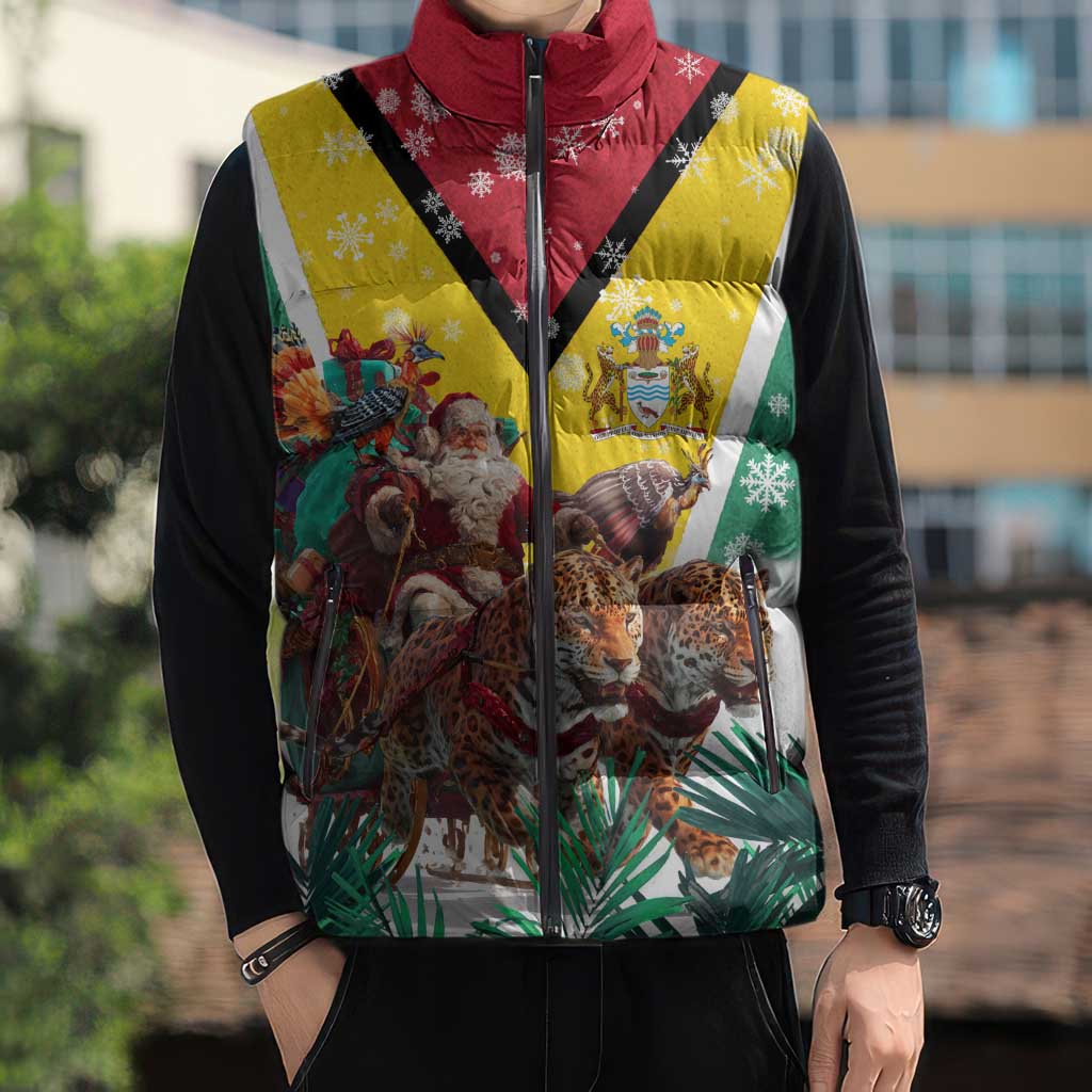 Guyana Flag Sleeveless Puffer Jacket Christmas Santa Jaguar and National Motto Green Yellow - Wonder Print Shop