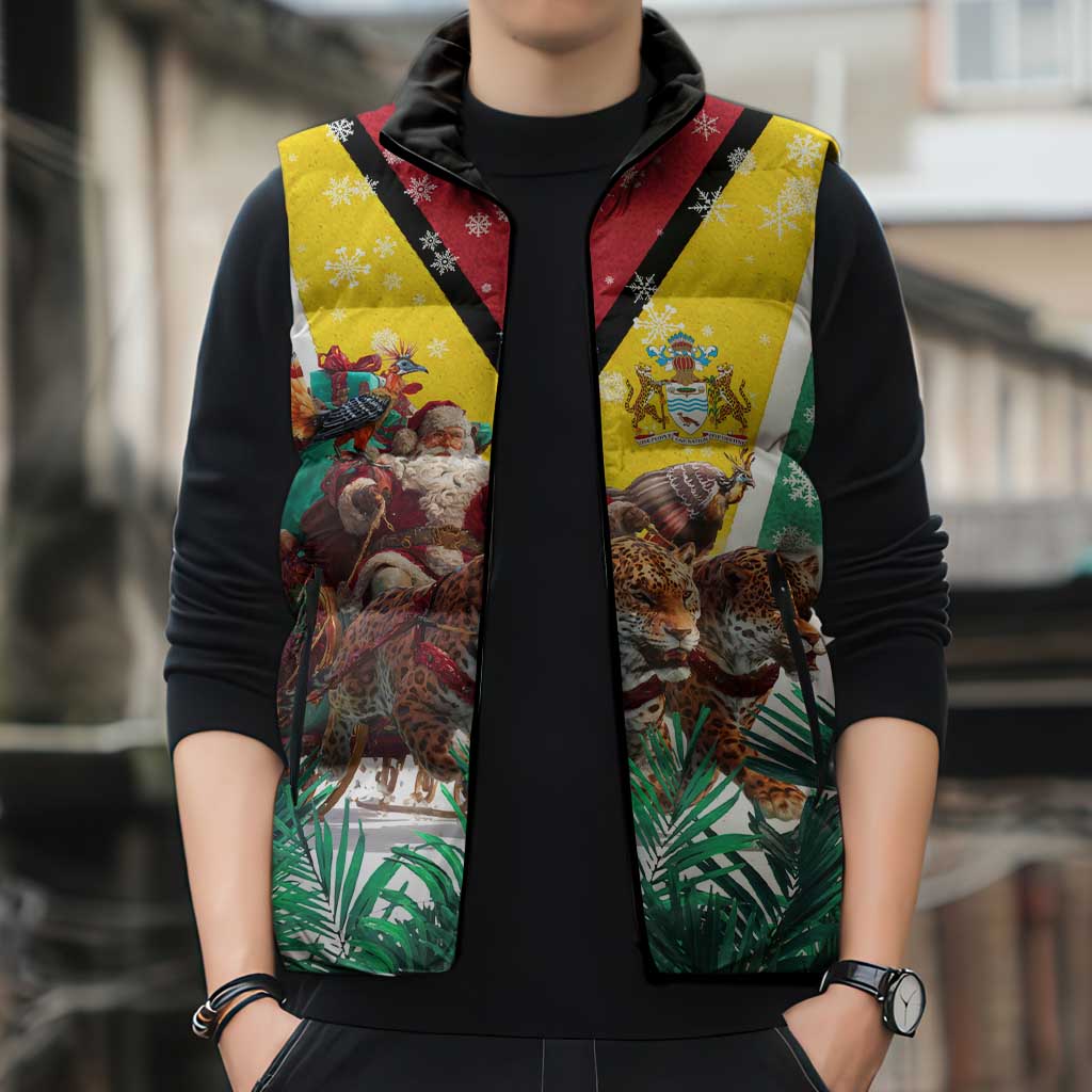 Guyana Flag Sleeveless Puffer Jacket Christmas Santa Jaguar and National Motto Green Yellow - Wonder Print Shop