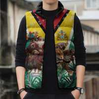 Guyana Flag Sleeveless Puffer Jacket Christmas Santa Jaguar and National Motto Green Yellow - Wonder Print Shop
