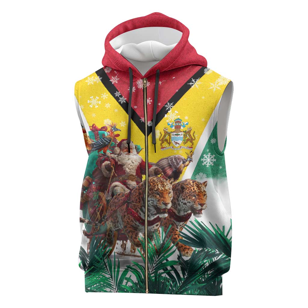 Guyana Flag Sleeveless Zip Hoodie Christmas Santa Jaguar and National Motto Green Yellow - Wonder Print Shop
