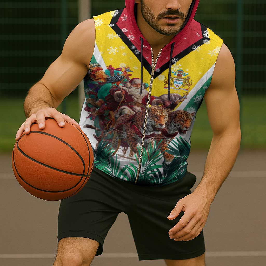 Guyana Flag Sleeveless Zip Hoodie Christmas Santa Jaguar and National Motto Green Yellow - Wonder Print Shop