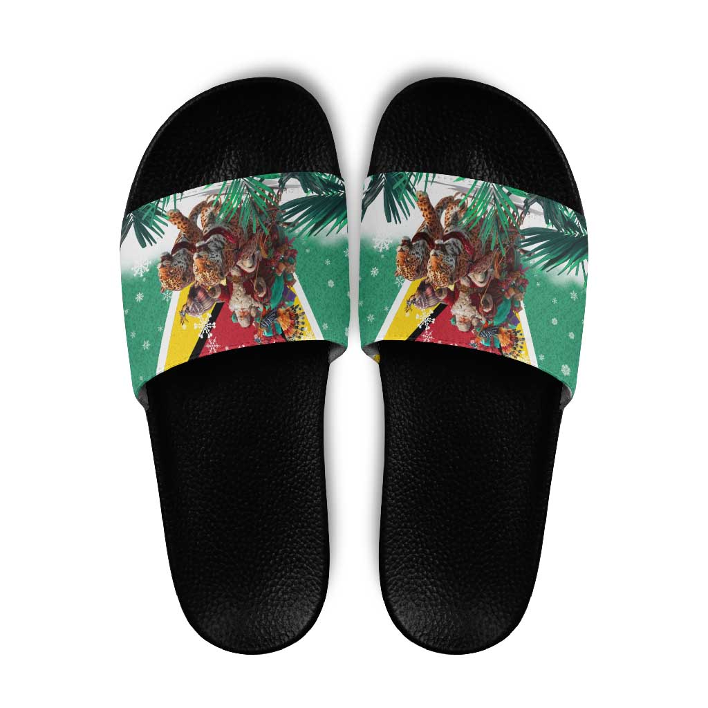 Guyana Flag Slide Sandals Christmas Santa Jaguar and National Motto Green Yellow - Wonder Print Shop