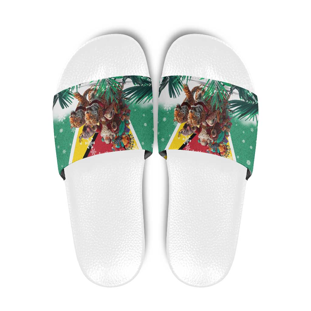 Guyana Flag Slide Sandals Christmas Santa Jaguar and National Motto Green Yellow - Wonder Print Shop