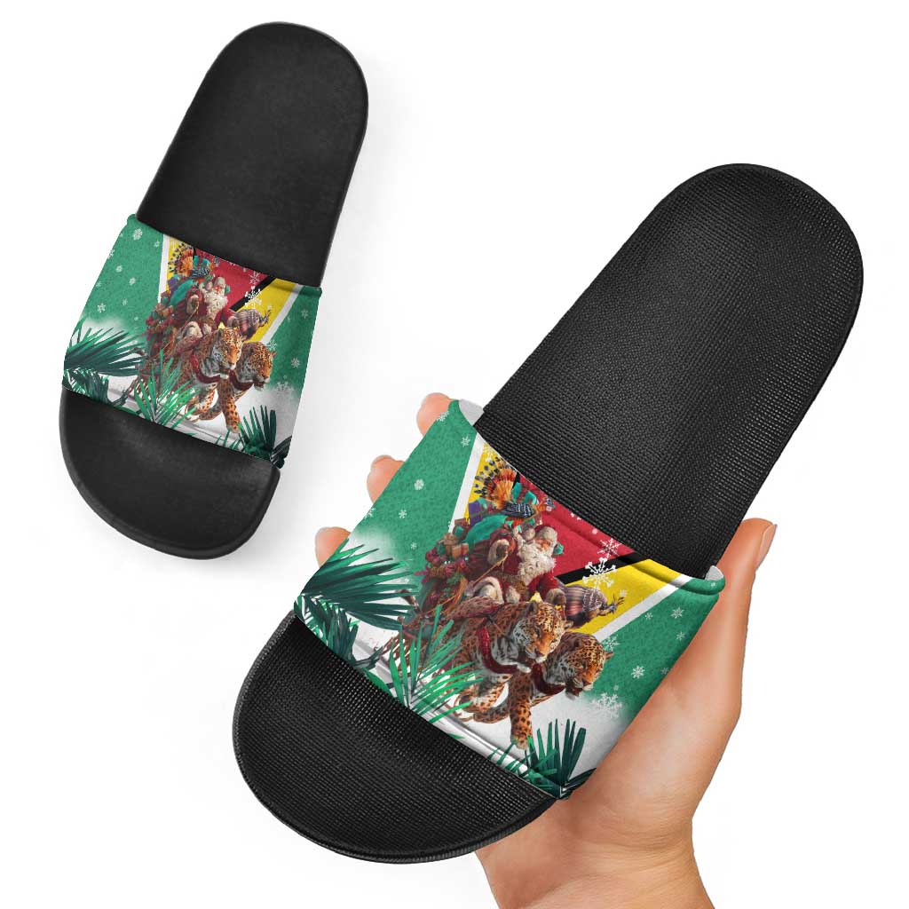 Guyana Flag Slide Sandals Christmas Santa Jaguar and National Motto Green Yellow - Wonder Print Shop