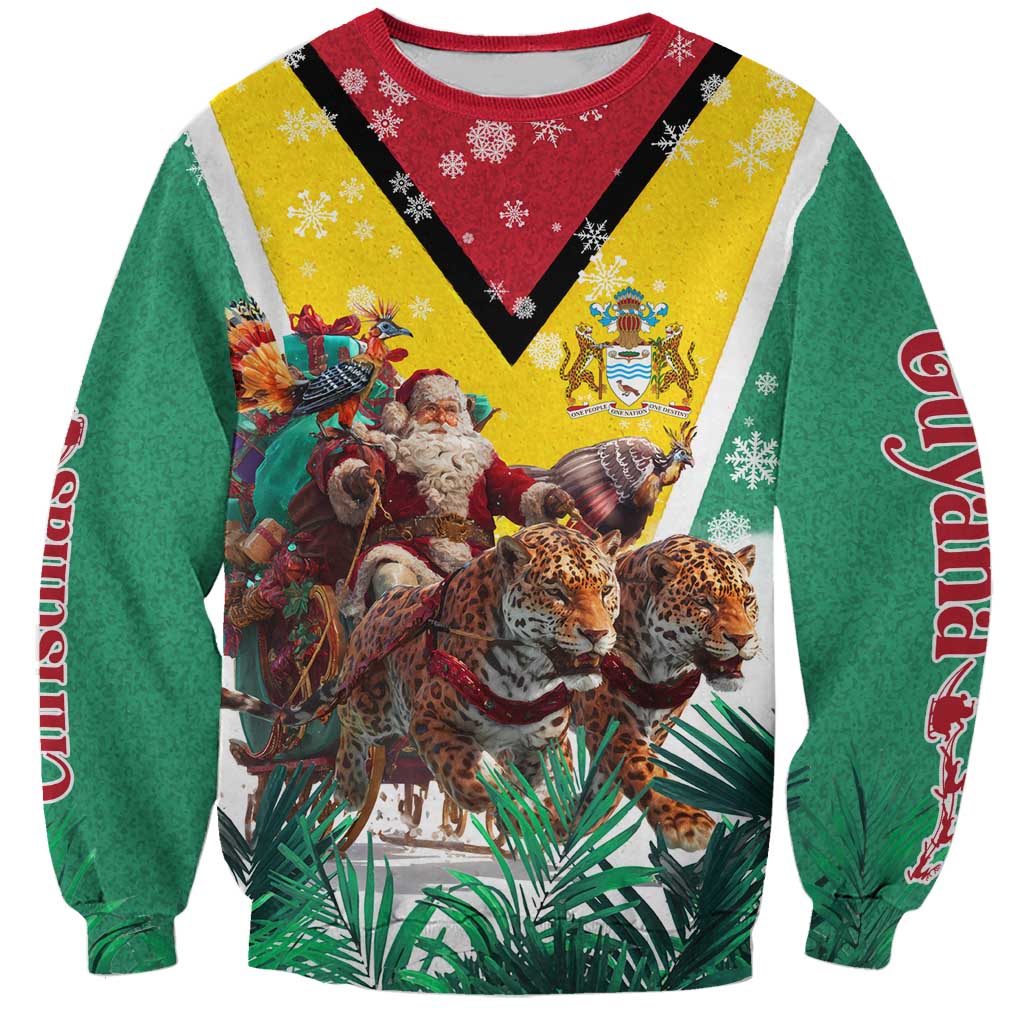 Guyana Flag Sweatshirt Christmas Santa Jaguar and National Motto Green Yellow - Wonder Print Shop