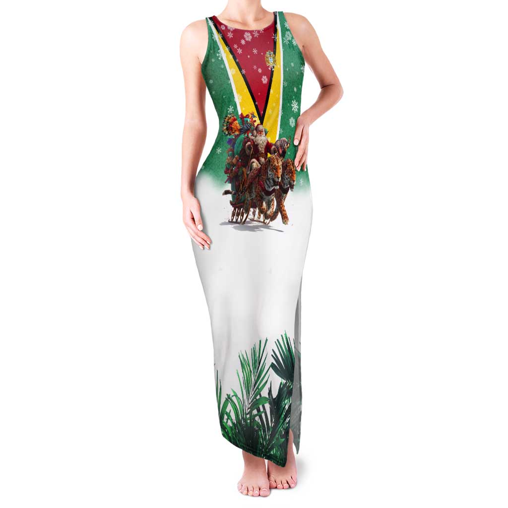 Guyana Flag Tank Maxi Dress Christmas Santa Jaguar and National Motto Green Yellow - Wonder Print Shop