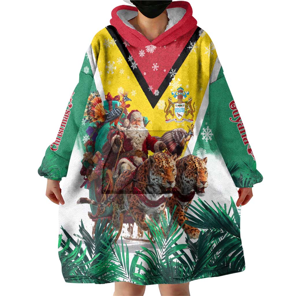 Guyana Flag Wearable Blanket Hoodie Christmas Santa Jaguar and National Motto Green Yellow - Wonder Print Shop