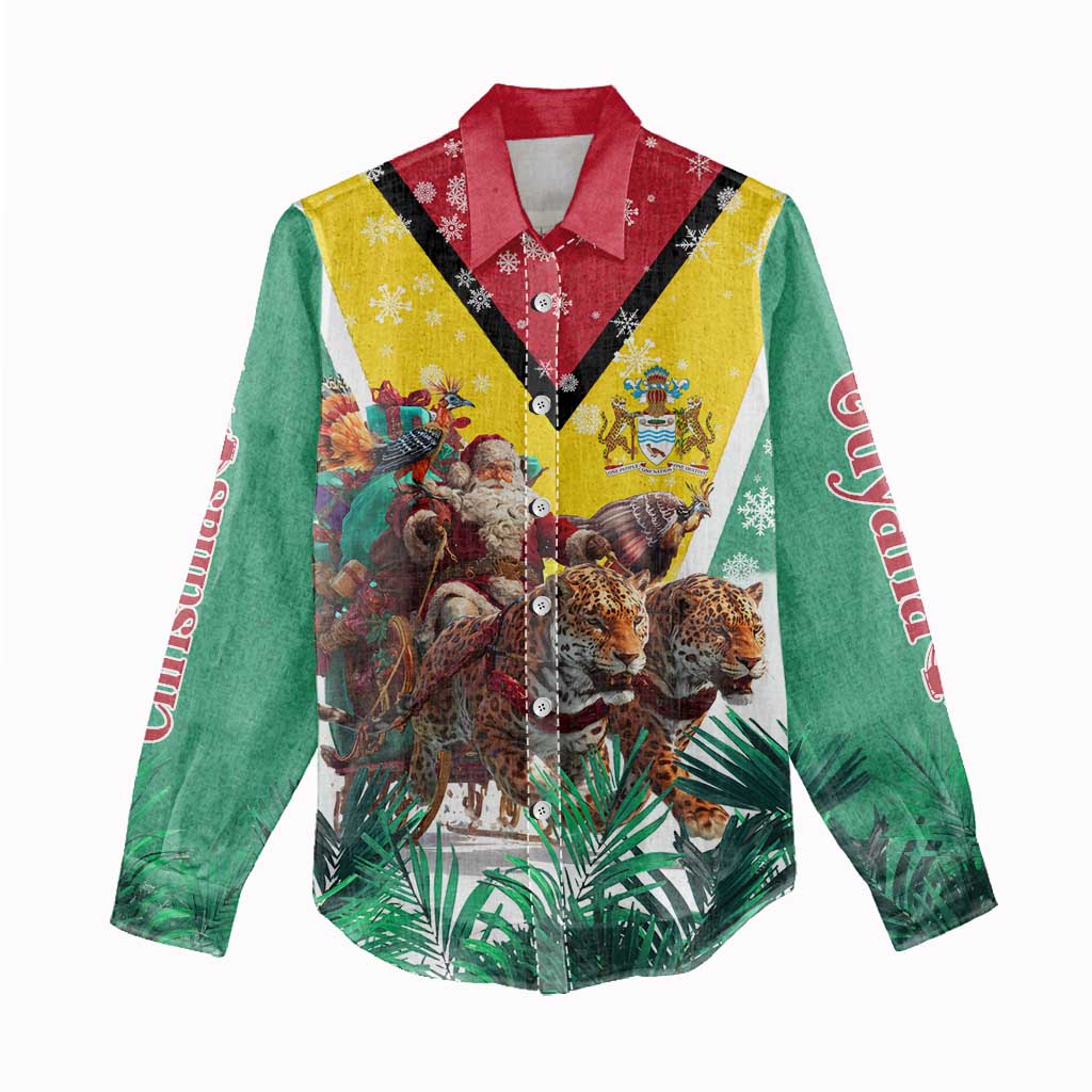 Guyana Flag Women Casual Shirt Christmas Santa Jaguar and National Motto Green Yellow - Wonder Print Shop