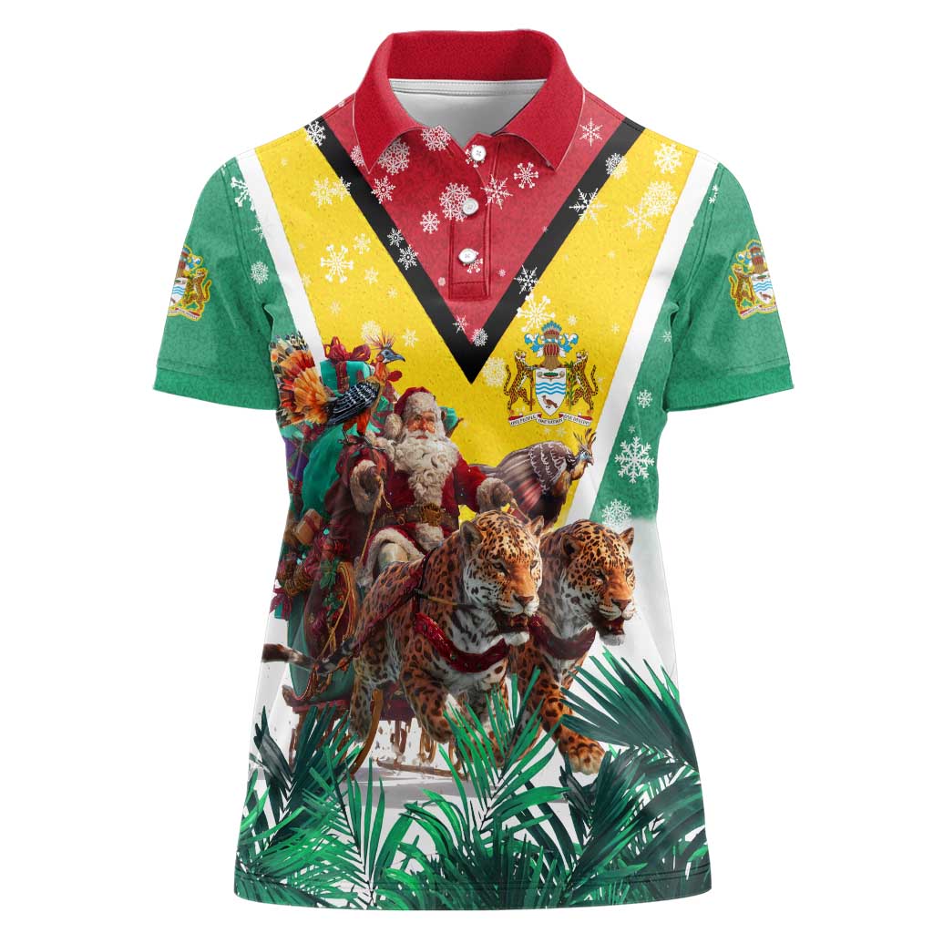 Guyana Flag Women Polo Shirt Christmas Santa Jaguar and National Motto Green Yellow - Wonder Print Shop