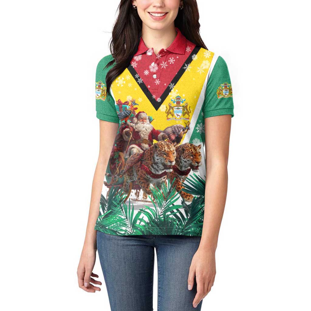 Guyana Flag Women Polo Shirt Christmas Santa Jaguar and National Motto Green Yellow - Wonder Print Shop